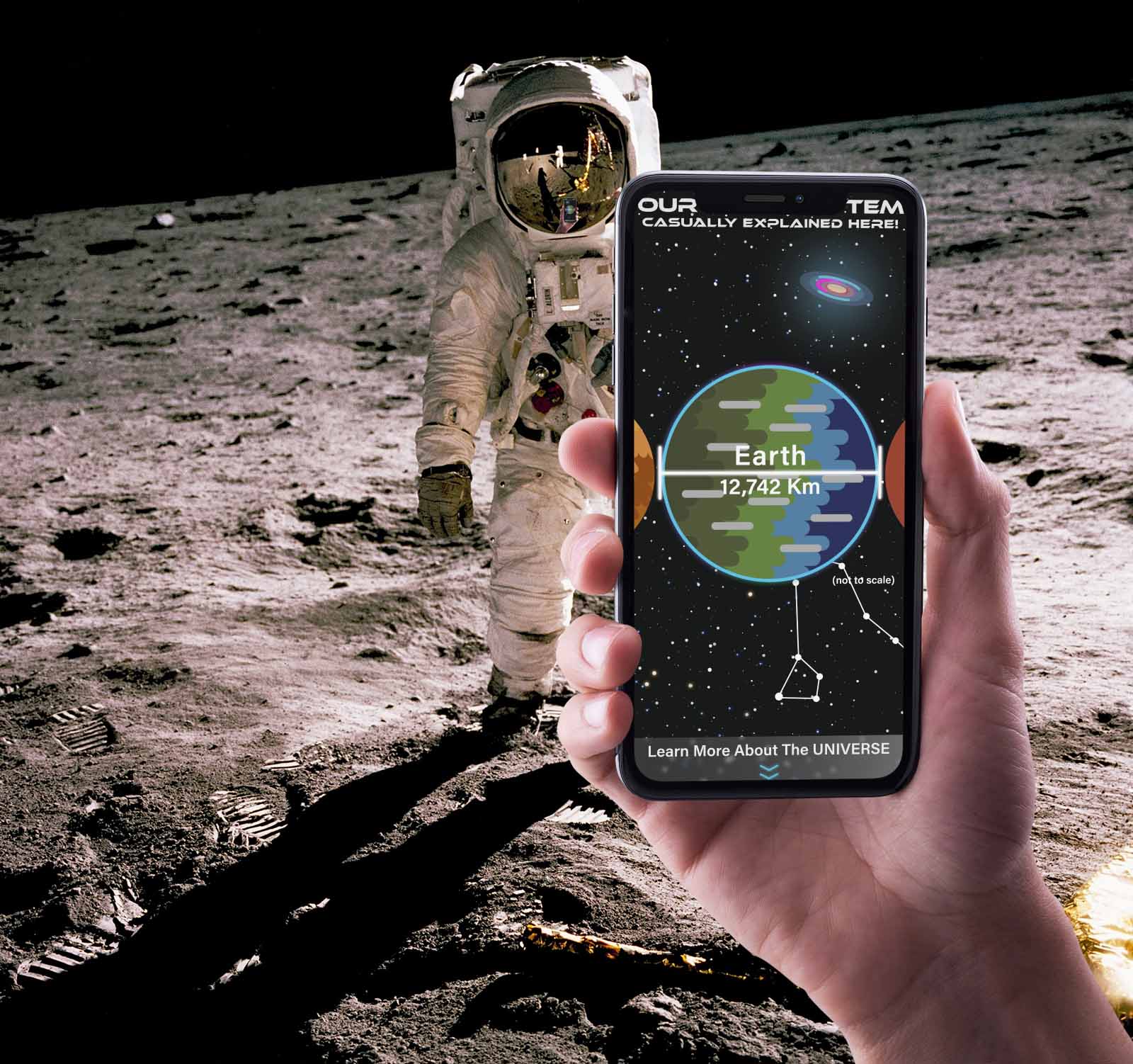 astronaut with iphone in the hand staring at the website on the moon